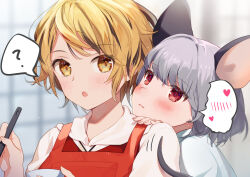 Rule 34 | 2girls, ?, animal ears, apron, ari don, blonde hair, cooking, grey hair, hands on shoulders, highres, jacket, ladle, mouse ears, mouse girl, multiple girls, nazrin, red apron, red eyes, red jacket, shirt, speech bubble, spoken question mark, toramaru shou, touhou, white shirt, yellow eyes
