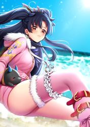 Rule 34 | 1girl, animal, black hair, blue bow, blue ribbon, blue sky, bow, day, diadem, earrings, fate/grand order, fate (series), floating hair, fur trim, hair between eyes, hair bow, highres, hood, hood down, hooded sweater, ishtar (fate), jewelry, long hair, looking at viewer, neck ribbon, orange eyes, outdoors, pink sweater, pink thighhighs, rewolf, ribbon, sky, sweater, thighhighs, twintails, very long hair
