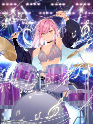 Rule 34 | 1girl, belt, blue eyes, choker, copyright name, crop top, cymbals, denim, drum, drum set, drumsticks, frederica (z/x), highres, instrument, jacket, jeans, midriff, musical note, nail polish, obiwan, open clothes, open jacket, pants, pink hair, smile, solo, spotlight, stage, stage lights, torn clothes, torn legwear, z/x