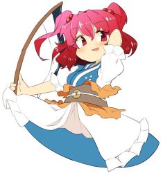 Rule 34 | :d, arm behind head, blue dress, blush, coin, coin (ornament), commentary request, dress, frilled dress, frilled sleeves, frills, hair bobbles, hair ornament, holding, holding weapon, ini (inunabe00), japanese clothes, looking to the side, onozuka komachi, open mouth, pink hair, puffy short sleeves, puffy sleeves, red eyes, red hair, scythe, short sleeves, smile, solo, tagme, touhou, weapon, white background