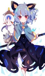 Rule 34 | 1girl, absurdres, ahoge, animal ears, bad id, bad pixiv id, basket, black skirt, bloomers, blue capelet, blue hair, capelet, cowboy shot, gold trim, high-waist skirt, highres, holding, holding lantern, lantern, light blue hair, long sleeves, looking at viewer, mouse (animal), mouse ears, mouse tail, nazrin, red eyes, shirt, short hair, simple background, skirt, solo, standing, tail, touhou, umemaro (siona0908), underwear, wavy hair, white background, white bloomers, white shirt
