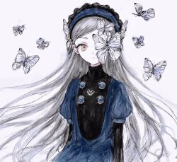 Rule 34 | 1girl, blue hairband, brown eyes, bug, butterfly, dress, expressionless, grey hair, hairband, highres, insect, lavenza (persona 5), long hair, looking at viewer, persona, persona 5, simple background, sketch, solo, very long hair, white background, yuyuyuyhz