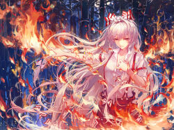 Rule 34 | 1girl, arm strap, bamboo, bamboo forest, bow, burning clothes, collared shirt, commentary request, cowboy shot, fire, forest, fujiwara no mokou, fuunyon, hair bow, hand on own chest, highres, long hair, looking at viewer, nature, night, ofuda, ofuda on clothes, outdoors, pants, parted lips, partially unbuttoned, red bow, red eyes, red pants, shirt, smile, solo, suspenders, touhou, two-tone bow, very long hair, white bow, white hair, white shirt