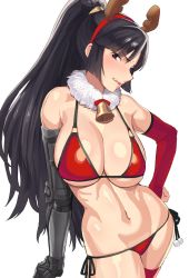 Rule 34 | 10s, 1girl, antlers, bell, bikini, black hair, blush, breasts, christmas, cleavage, collar, commentary request, contrapposto, cowboy shot, cross ange, elbow gloves, fur collar, gloves, hand on own hip, horns, jill (cross ange), large breasts, lipstick, long hair, looking at viewer, makeup, mechanical arms, navel, neck bell, ponytail, red bikini, reindeer antlers, shiny skin, side-tie bikini bottom, sideburns, simple background, single elbow glove, single glove, single mechanical arm, solo, standing, swimsuit, teeth, tenchisouha, thighhighs, underboob, white background
