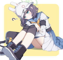 Rule 34 | 1girl, :/, ?, animal ear headwear, armband, black armband, black bag, black footwear, black panties, blue archive, blue eyes, blue sailor collar, boots, border, commentary request, cross-laced footwear, fake animal ears, full body, green halo, halo, helmet, highres, knee pads, knees up, long sleeves, looking at viewer, neckerchief, outside border, panties, pantyshot, pleated skirt, purple hair, sailor collar, saki (blue archive), school uniform, shirt, short hair, simple background, skirt, solo, sweatdrop, teallysky, underwear, v-shaped eyebrows, white border, white helmet, white shirt, white skirt, yellow background, yellow neckerchief