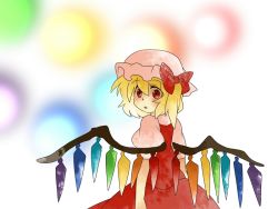 Rule 34 | 1girl, bad id, bad pixiv id, blonde hair, bow, comic, embodiment of scarlet devil, female focus, flandre scarlet, gradient background, hair bow, hammer (sunset beach), hat, lights, looking back, red eyes, side ponytail, silent comic, solo, touhou, white background, wings