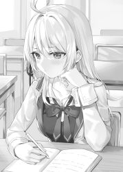 Rule 34 | 1girl, :&lt;, absurdres, ahoge, alisa mikhailovna kujou, blazer, blush, book, breasts, buttons, chair, classroom, closed mouth, collarbone, collared shirt, commentary request, desk, dress shirt, furrowed brow, greyscale, hair ornament, hair over shoulder, hair ribbon, hand on own cheek, hand on own face, highres, indoors, jacket, long hair, looking at object, loose clothes, loose neck ribbon, loose shirt, medium breasts, momoko (momopoco), monochrome, neck ribbon, novel illustration, official art, open book, parted bangs, pencil, pleated sleeves, pout, ribbon, school chair, school desk, school uniform, shirt, sidelocks, solo, studying, swept bangs, tokidoki bosotto roshia-go de dereru tonari no arya-san, writing