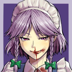 Rule 34 | 1girl, :p, blood, blood on face, bow, braid, close-up, embodiment of scarlet devil, female focus, hair bow, izayoi sakuya, licking, maid, maid headdress, nosebleed, red eyes, shiba itsuki, short hair, silver hair, smile, solo, tongue, tongue out, touhou, twin braids