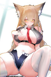 1girl absurdres animal_ear_fluff animal_ears arknights bare_shoulders belt belt_buckle between_breasts black_belt blonde_hair breasts buckle chest_belt chinese_commentary chromatic_aberration commentary_request crop_top detached_collar framed_breasts hair_between_eyes hand_up hezhi_go highres large_breasts long_hair navel necktie necktie_between_breasts open_fly panties purple_shorts red_necktie short_shorts shorts sitting sleeveless solo sweat thick_thighs thighhighs thighs underwear variant_set vulpisfoglia_(arknights) watermark white_panties white_thighhighs yellow_eyes