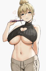 Rule 34 | 1girl, bare shoulders, blonde hair, blue eyes, breasts, cellphone, cleavage, cleavage cutout, clothing cutout, curvy, duplicate, hair bun, heart cutout, highres, hinano (sky-freedom), large breasts, looking at viewer, midriff, nail polish, navel, original, pants, phone, pixel-perfect duplicate, simple background, single hair bun, sky-freedom, sleeveless, smile, solo, underboob, white background