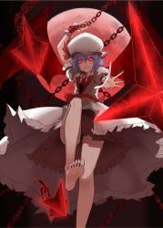 Rule 34 | 1girl, adapted costume, arm up, bare legs, bat wings, black panties, chain, fangs, feet, frilled skirt, frills, from behind, hat, hat ribbon, highres, leris muma, light purple hair, looking at viewer, mob cap, moon, outstretched arm, outstretched hand, panties, pantyshot, pink eyes, puffy short sleeves, puffy sleeves, reaching, reaching towards viewer, red moon, red ribbon, red theme, remilia scarlet, ribbon, short hair, short sleeves, skirt, slit pupils, solo, standing, standing on one leg, teeth, touhou, underwear, wings, wrist cuffs