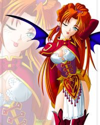 Rule 34 | 1girl, ;p, blush, breasts, cleavage, game arts, grandia, melficexd, millenia (grandia), one eye closed, tongue, tongue out, wings, wink