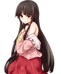 Rule 34 | 1girl, bamboo print, bare shoulders, black hair, blush, brown eyes, commentary request, cowboy shot, floral print, frilled shirt collar, frills, hair between eyes, highres, houraisan kaguya, long hair, long sleeves, looking at viewer, miyo (ranthath), off shoulder, pink shirt, red skirt, shirt, sidelocks, simple background, skirt, solo, touhou, very long hair, white background, wide sleeves