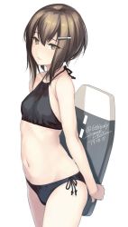 Rule 34 | 10s, 1girl, artist name, bikini, black bikini, breasts, brown eyes, brown hair, closed mouth, cowboy shot, dated, from side, hair between eyes, hair ornament, hairclip, halterneck, kantai collection, kickboard, looking at viewer, navel, rokuwata tomoe, short hair, simple background, small breasts, solo, swimsuit, taihou (kancolle), twitter username, white background