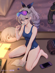 Rule 34 | 1girl, alternate costume, bare legs, barefoot, bedroom, blue one-piece swimsuit, book, breasts, caelus (honkai: star rail), character doll, cleavage, collarbone, commentary request, eyewear on head, feet, food, game console, grey eyes, grey hair, highres, holding, holding food, holding popsicle, honkai: star rail, honkai (series), long hair, looking at viewer, medium breasts, nail polish, on ground, one-piece swimsuit, open book, ponytail, popsicle, purple nails, school swimsuit, silver wolf (honkai: star rail), sitting, skirt, solo, swimsuit, thighhighs, toenail polish, toenails, toes, trailblazer (honkai: star rail), wariza, yunkaiming