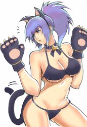 Rule 34 | 1girl, animal costume, animal ears, animal hands, bikini, blue eyes, blue hair, breasts, cat costume, cat ears, cat paws, cat tail, gloves, highres, large breasts, leona heidern, long hair, murotarou2000, paw shoes, ponytail, shoes, snk heroines: tag team frenzy, solo, swimsuit, tail, the king of fighters