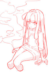 Rule 34 | 1girl, absurdres, between fingers, bow, cigarette, closed mouth, collarbone, cropped legs, hair bow, highres, holding, holding cigarette, kotonoha aoi, long hair, long sleeves, looking at viewer, monochrome, puffy long sleeves, puffy sleeves, red theme, shirt, simple background, sitting, smoke, solo, tongue, tongue out, very long hair, voiceroid, white background, yusake san