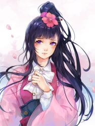 Rule 34 | 10s, 1girl, black hair, blush, bow, closed mouth, collared shirt, flower, hair flower, hair ornament, hand on own chest, high ponytail, japanese clothes, kimono, koutetsujou no kabaneri, long hair, long sleeves, looking at viewer, petals, pink kimono, ponytail, purple eyes, red flower, ruuto-kun, shirt, solo, white bow, white shirt, wide sleeves, wing collar, yomogawa ayame