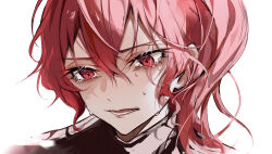Rule 34 | 1girl, absurdres, bungou stray dogs, crying, hair between eyes, highres, long hair, looking down, lower teeth only, military, military uniform, okura teruko (bungou stray dogs), open mouth, portrait, red eyes, red hair, sidelocks, simple background, solo, teardrop, tears, teeth, uniform, white background, ya ta