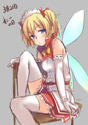 Rule 34 | 1girl, adapted costume, alternate costume, blonde hair, blue eyes, blush, bow, chair, dress, fairy, fairy wings, frills, gloves, grey background, hair bow, hair ornament, headdress, highres, looking at viewer, md5 mismatch, resized, resolution mismatch, sash, short hair, simple background, sitting, sleeveless, solo, source larger, spirytus tarou, sunny milk, text focus, thighhighs, touhou, twintails, white gloves, white thighhighs, wings, wrist cuffs, zettai ryouiki