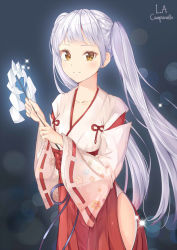 Rule 34 | 1girl, artist name, brown eyes, closed mouth, collarbone, commentary request, cowboy shot, dress, floral print, glowing, gohei, hakama, hakama skirt, holding, japanese clothes, la campanella, light purple hair, long hair, long sleeves, looking at viewer, miko, multicolored hair, red dress, red hakama, ribbon, ribbon-trimmed sleeves, ribbon trim, side slit, skirt, solo, standing, tree of savior, twintails, wide sleeves