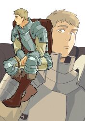 Rule 34 | 1boy, armor, backpack, bag, blonde hair, boots, bracer, brown bag, brown footwear, closed eyes, closed mouth, dungeon meshi, facing to the side, full body, highres, invisible chair, laios touden, long sleeves, looking at viewer, male focus, multiple views, pants, pauldrons, poleyn, projected inset, saifoqu, short hair, shoulder armor, simple background, sitting, upper body, very short hair, white background, yellow eyes