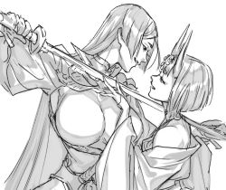 Rule 34 | 2girls, blunt bangs, bob cut, breasts, cape, face-to-face, fate/grand order, fate (series), from side, greyscale, holding, holding sword, holding weapon, horns, komiya kuniharu, large breasts, long hair, minamoto no raikou (fate), monochrome, multiple girls, oni, parted bangs, shuten douji (fate), sketch, skin-covered horns, sword, very long hair, weapon