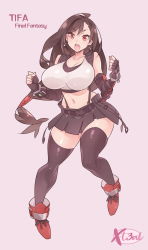 Rule 34 | 1girl, absurdres, black hair, black skirt, black thighhighs, breasts, character name, copyright name, crop top, elbow gloves, final fantasy, final fantasy vii, final fantasy vii remake, fingerless gloves, gloves, highres, large breasts, long hair, looking at viewer, low-tied long hair, open mouth, pleated skirt, red footwear, simple background, skirt, solo, square enix, suspender skirt, suspenders, swept bangs, tank top, thighhighs, tifa lockhart, very long hair, x-t3al