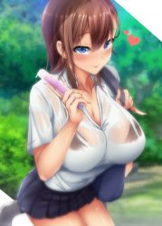 Rule 34 | 1girl, ayakase riberi, bag, blue eyes, blue skirt, blush, breasts, brown hair, cleavage, closed mouth, collared shirt, commentary request, dress shirt, hair between eyes, heart, highres, large breasts, long hair, nail polish, original, outdoors, pleated skirt, school bag, school uniform, see-through, shirt, short sleeves, skirt, smile, solo, sweat, thighs, tree, white shirt