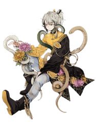 Rule 34 | 1boy, androgynous, asymmetrical clothes, asymmetrical coat, black hair, bouquet, chinese clothes, chrysanthemum print, coat, five snake soup (food fantasy), floral print, flower, food fantasy, full body, grey eyes, grey hair, highres, looking to the side, mia (0309miaa), multicolored hair, official art, pale skin, second-party source, snake, traditional clothes, transparent background