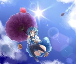Rule 34 | 1girl, black thighhighs, blue eyes, blue hair, cloud, cloudy sky, collared shirt, day, diffraction spikes, flying, from below, full body, geta, heterochromia, highres, karakasa obake, lens flare, long sleeves, looking at viewer, matching hair/eyes, messy hair, open mouth, ototobe, palanquin ship, panties, pantyshot, red eyes, shirt, shoes, short hair, single shoe, skirt, skirt set, sky, solo, striped clothes, striped panties, sun, tatara kogasa, thighhighs, touhou, umbrella, underwear, vest