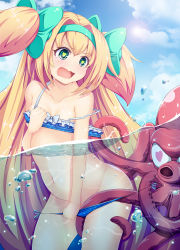 Rule 34 | 1girl, assisted exposure, bestiality, bikini pull, blazblue, blonde hair, clothes pull, crying, crying with eyes open, green eyes, highres, long hair, monaka (kaichuu shiruko), octopus, partially submerged, partially underwater shot, platinum the trinity, tears, tentacles, twintails, very long hair, wide hips