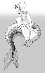Rule 34 | 1girl, full body, gradient background, greyscale, highres, long hair, looking back, mermaid, monochrome, monster girl, nakahara roku, original, partially submerged, sitting, solo