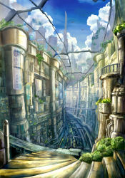 Rule 34 | bad id, bad pixiv id, building, city, cityscape, cloud, day, k kanehira, no humans, original, plant, scenery, science fiction, sign, sky, stairs