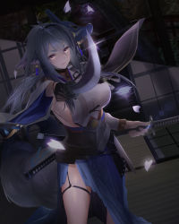 Rule 34 | 1girl, absurdres, animal ears, armor, azur lane, blue skirt, blush, breasts, closed mouth, commentary request, fox mask, fox tail, hair between eyes, hair ornament, highres, holding, holding sword, holding weapon, indoors, japanese clothes, katana, kimono, large breasts, long hair, long skirt, long sleeves, looking at viewer, mask, mask on head, mer, night, night sky, short eyebrows, skirt, sky, solo, sword, tail, thick eyebrows, tosa (azur lane), weapon, white kimono, wide sleeves
