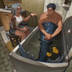 Rule 34 | 1boy, 1girl, animal, arm tattoo, artist name, bathing, bathroom, bathtub, black hair, black shorts, blue scales, brown eyes, bucket, closed mouth, completely nude, cupboard, dolphin shorts, etceteraart, fins, fish, full body, grey hair, heterochromia, highres, holding, holding animal, holding bucket, holding fish, holding own wrist, indoors, long hair, looking at another, merman, mirror, monster boy, nude, open mouth, original, partially blind, red eyes, reflection, reflective wall, rubber duck, scales, scar, scar across eye, scar on chest, shadow, short hair, shorts, shower curtain, sink, sitting, sleeveless, smile, stool, tank top, tattoo, tile floor, tile wall, tiles, toned, toned male, twitter username, very long hair, very short hair, wet, white eyes, white tank top