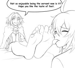 Rule 34 | 1boy, 1girl, astolfo (fate), embarrassed, english text, fate (series), feet, foot focus, foot worship, licking foot, sitting, sketch, smile, trap