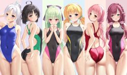 Rule 34 | 6+girls, absurdres, adjusting clothes, adjusting swimsuit, ahoge, aqua eyes, arm behind back, arm behind head, ass, back, bare shoulders, belly, black hair, blonde hair, blue eyes, blush, breasts, cameltoe, competition swimsuit, embarrassed, flower, gluteal fold, green eyes, green hair, hair between eyes, hair flower, hair ornament, hand on own hip, hand on own ass, hand on own chest, head tilt, highres, hime cut, hitachi mako, kurama koharu, large breasts, lena liechtenauer, long hair, looking at viewer, looking to the side, maniwa roka, medium breasts, mole, mole under eye, multiple girls, murasame (senren), navel, ncontrail (mgax7527), one-piece swimsuit, open mouth, own hands together, pink hair, ponytail, purple eyes, red eyes, red hair, senren banka, short hair, simple background, skin tight, small breasts, standing, swimsuit, thigh gap, thighs, tomotake yoshino, twintails, very long hair, water drop, wedgie, white hair, yellow eyes