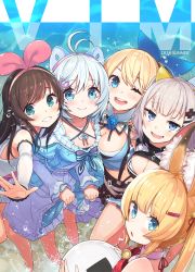 Rule 34 | .live, 2018, 5girls, :d, ;d, animal ear fluff, animal ears, bare shoulders, bell, black dress, black skirt, blonde hair, blue dress, blue eyes, blush, bow, breasts, brown hair, cleavage, cleavage cutout, closed mouth, clothing cutout, commentary request, crossover, detached sleeves, dress, fox ears, hair ornament, hairclip, highres, holding, jingle bell, kaguya luna, kemomimi oukoku kokuei housou, kizuna ai, kizuna ai inc., large breasts, layered sleeves, long hair, long sleeves, looking at viewer, looking back, mikoko (kemomimi oukoku kokuei housou), mirai akari, mirai akari project, multicolored hair, multiple crossover, multiple girls, one eye closed, open mouth, pink hair, pleated skirt, puffy short sleeves, puffy sleeves, red bow, shirt, short over long sleeves, short sleeves, silver hair, dennou shoujo siro, skirt, skirt hold, sleeveless, sleeveless dress, sleeveless shirt, smile, standing, streaked hair, tam-u, the moon studio, very long hair, virtual youtuber, virtual youtuber shiten&#039;nou, water, white shirt
