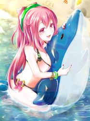 Rule 34 | 10s, 1girl, bad id, bad pixiv id, bangle, bikini, bracelet, fingernails, from side, hacka doll, hacka doll 2, inflatable dolphin, inflatable toy, jewelry, long hair, nail polish, o-ring, o-ring bottom, o-ring top, pink hair, red eyes, solo, swimsuit, yuzutosen