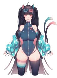 Rule 34 | 1girl, ahoge, animal ears, arm out of sleeve, armpit crease, asymmetrical legwear, bare shoulders, blue gloves, blue leotard, blunt bangs, breasts, cat ears, cat girl, cat tail, character request, collarbone, copyright request, cowboy shot, cropped legs, detached sleeves, eyewear on head, fingerless gloves, gloves, gluteal fold, highres, jacket, jacket partially removed, large breasts, leotard, long hair, long sleeves, mismatched legwear, multiple tails, nanoless, narrow waist, off shoulder, pink eyes, simple background, skindentation, slit pupils, solo, tail, tail raised, thighhighs, thighs, very long hair, virtual youtuber, white background, zipper