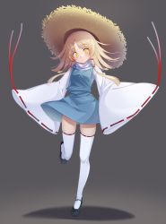 Rule 34 | 1girl, black footwear, blonde hair, blue skirt, blue vest, full body, grey background, hair ribbon, hat, highres, long hair, mary janes, momendoufu, moriya suwako, red ribbon, ribbon, ribbon-trimmed sleeves, ribbon trim, shirt, shoes, skirt, sleeves past fingers, sleeves past wrists, solo, standing, standing on one leg, straw hat, thighhighs, touhou, turtleneck, vest, white background, white shirt, wide-eyed, wide sleeves, yellow eyes