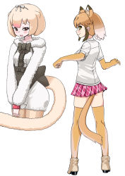 Rule 34 | 10s, 2girls, anteater ears, anteater tail, back bow, blonde hair, blush, boots, bow, bowtie, center frills, elbow gloves, frills, fur collar, gloves, highres, kemono friends, light brown hair, long sleeves, moriko (moliko), multicolored hair, multiple girls, pantyhose, pink hair, pleated skirt, puma (kemono friends), puma ears, puma tail, short hair, short sleeves, shorts, sidelocks, silky anteater (kemono friends), skirt, thighhighs, zettai ryouiki
