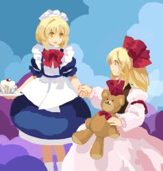 Rule 34 | 2girls, apron, black vest, blonde hair, closed mouth, dress, flat chest, frilled dress, frills, gengetsu (touhou), hair ribbon, highres, holding, holding hands, holding stuffed toy, juliet sleeves, kaigen 1025, long hair, long sleeves, maid, maid apron, maid headdress, mugetsu (touhou), multiple girls, neck ribbon, no lineart, open mouth, puffy short sleeves, puffy sleeves, red ribbon, ribbon, short hair, short sleeves, siblings, sisters, sketch, smile, socks, stuffed animal, stuffed toy, teddy bear, touhou, touhou (pc-98), vest, white apron, white dress, white socks, yellow eyes