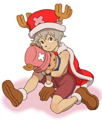 Rule 34 | 1boy, antlers, brown eyes, cape, child, dual persona, grey hair, hat, horns, humanization, male focus, one piece, personification, pink hat, reindeer, shorts, tony tony chopper, top hat, yamamiya hiroshi