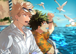Rule 34 | 2boys, adam&#039;s apple, arm up, bakugou katsuki, bird, blonde hair, blue sky, blurry, blurry background, boku no hero academia, bracelet, buttons, chain, chain necklace, character name, chromatic aberration, cliff, cloud, collared shirt, commentary request, day, diffraction spikes, dress shirt, earrings, elbow rest, eyewear on head, freckles, glint, green eyes, green hair, happy, hawaiian shirt, horizon, island, jewelry, leaf print, leaning forward, lens flare, light, looking afar, looking ahead, looking away, male focus, midoriya izuku, mirrored text, multiple boys, namarigenshi, necklace, no scar, ocean, open collar, open mouth, outdoors, palm tree print, partial commentary, partially unbuttoned, pendant, profile, railing, red eyes, sanpaku, seagull, shading eyes, ship, shirt, short hair, short sleeves, side-by-side, sidelighting, sideways mouth, sky, smile, sparkle, spiked hair, sunglasses, sunlight, upper body, vacation, valentine, watercraft, white bird, white shirt, wing collar