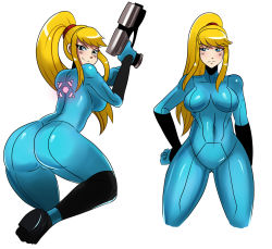 Rule 34 | 1girl, ass, blonde hair, blue eyes, blush, breasts, curvy, eric lowery, female focus, highres, huge ass, large breasts, looking at viewer, looking back, metroid, nintendo, ponytail, samus aran, smile, solo, thick thighs, thighs, zero suit