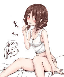 Rule 34 | 10s, 1girl, alternate costume, blush, breasts, brown eyes, brown hair, brushing teeth, camisole, cleavage, drill hair, harukaze (kancolle), kantai collection, long hair, looking at viewer, panties, red eyes, rizzl, side-tie panties, sitting, solo, toothbrush, twin drills, underwear