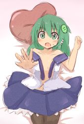 Rule 34 | 1girl, arm up, bad id, bad pixiv id, black pantyhose, blush, female focus, frog hair ornament, green eyes, green hair, hair ornament, heart, heart-shaped pillow, himegi, kochiya sanae, long hair, lying, matching hair/eyes, midriff, off shoulder, on back, open clothes, open mouth, open shirt, outstretched hand, pantyhose, pillow, shirt, skirt, solo, touhou