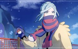 Rule 34 | 1boy, blue hair, cloud, commentary request, creatures (company), fence, game freak, grusha (pokemon), highres, holding, holding poke ball, jacket, long hair, long sleeves, male focus, mittens, nintendo, outdoors, pankona (ubsssss), poke ball, poke ball (basic), pokemon, pokemon sv, scarf, scarf over mouth, sky, snowflakes, snowing, solo, twitter username, upper body, yellow jacket